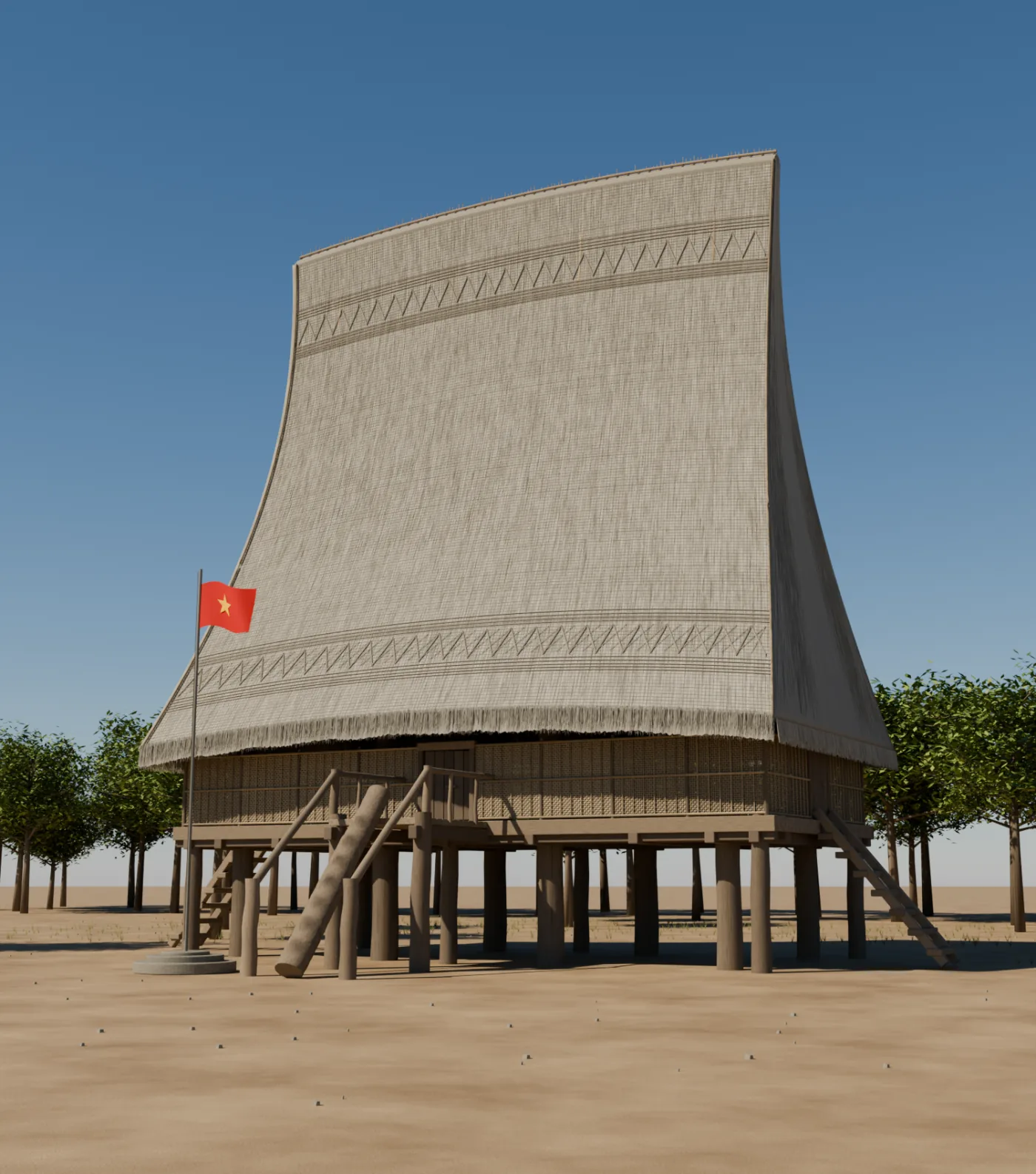 Front three-quarter view of a tall Bahnar communal house reconstruction.