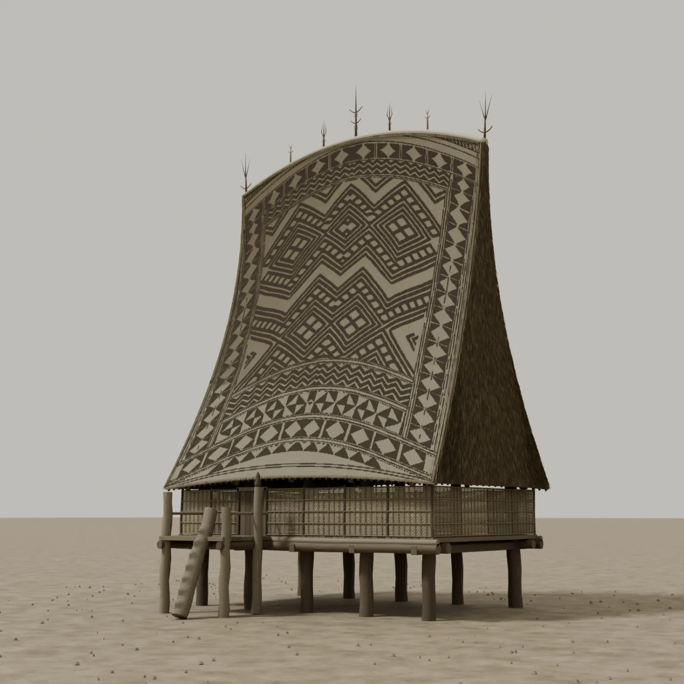 Three-quarter view of an ornamented Bahnar Rông house reconstruction.